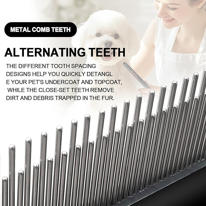 Professional Dog Comb with Wood Handle Long&Short Metal Flea Comb Pet Grooming Tool for Dogs and Cats Remove Loose Hair Tangles Dirt Fleas
