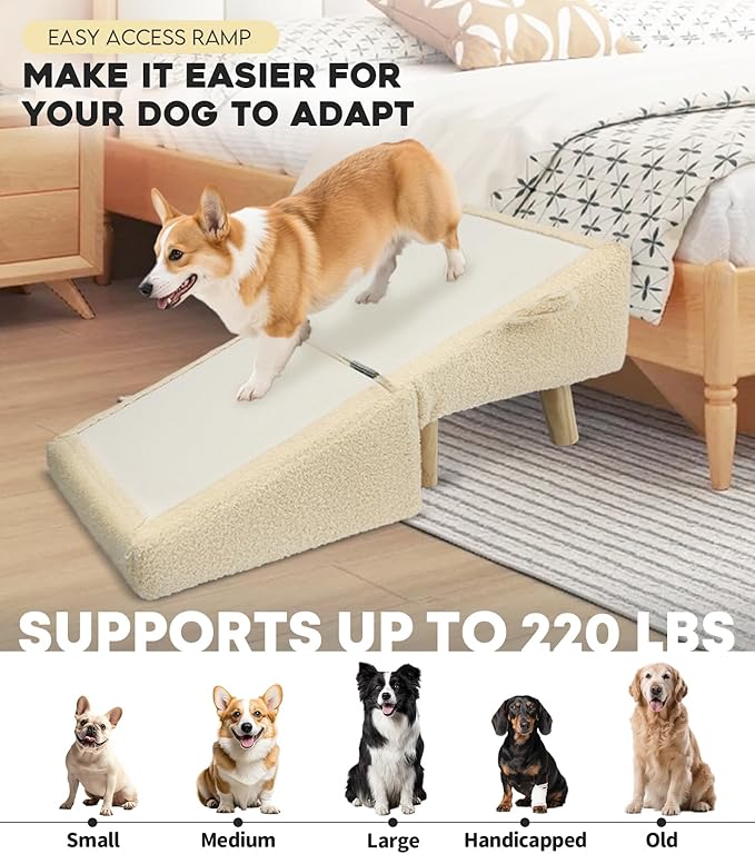Dog Stairs for Small Dogs and Cats – 2-in-1 Dog Ramp for Couch and Low Bed, 16.5'' Foldable Wooden Pet Ramp, Sturdy Multi-Use Split Ottoman Design, Beige