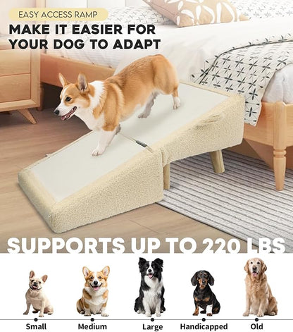 Dog Stairs for Small Dogs and Cats – 2-in-1 Dog Ramp for Couch and Low Bed, 16.5'' Foldable Wooden Pet Ramp, Sturdy Multi-Use Split Ottoman Design, Beige