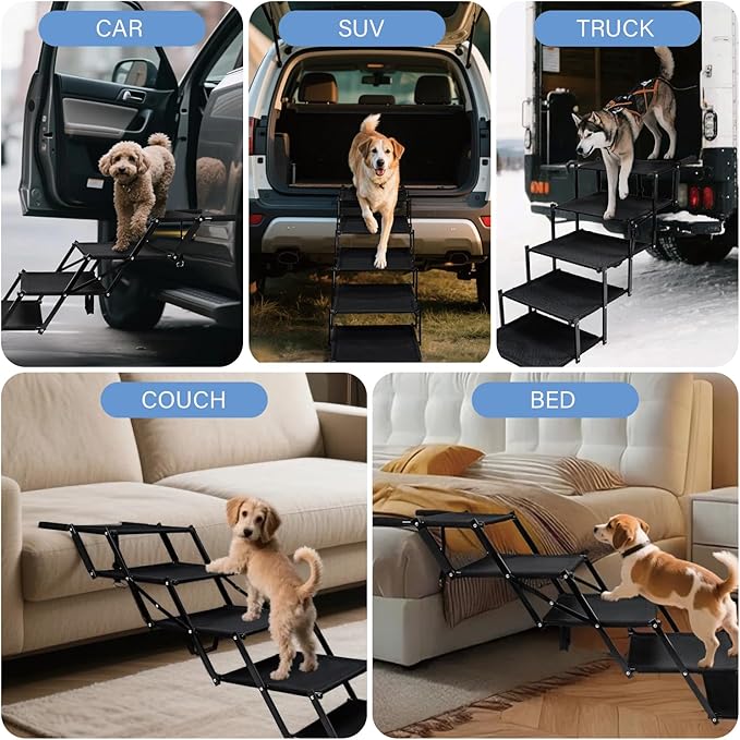 Foldable Dog Stairs for Car SUV Truck, Portable Dog Steps for Large Injured, Pet Ramp with Non-Slip Surface,Suitable for Sofas, Bed, Supports Up to 130 lbs, 5 Steps