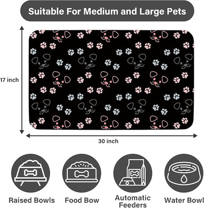 Patterned Cat & Dog Bowl Mat for Food and Water, 17"×30" Quick Dry Absorbent Pet Feeding Mat, Eco-Friendly Dog Placemat