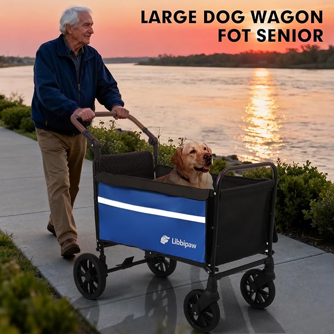 Dog Wagon for Medium Large Dogs up to 200lbs, All Terrain Foldable Large Dog Stroller with Ramp, Wagon for Dog with Adjustable Handle & One-Step Brake(Blue)