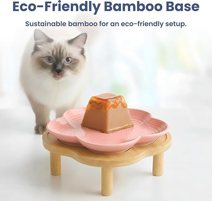 PawsPik Flower Ceramic Cat Feeding Plate with Raised Bamboo Stand, Elevated Whisker-Friendly Pet Bowl, Anti-Slip Stable Design, Dishwasher Safe (Pink)