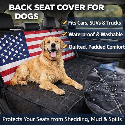 Dog Backseat Cover with Hammock for Cars, SUVs, and Trucks I Waterproof, Nonslip Seat Protector & Cover I Nylon Clips, K9 Shield USA Flag