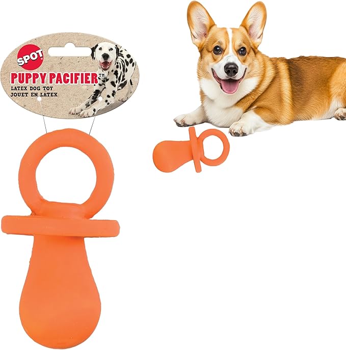 SPOT Puppy Pacifier Latex Dog Toy – Soft Binky-Shaped Chew for Teething Puppies & Small Dogs, 4.5 Inch, for Light Chewers Only, Squeaky Natural Latex, Assorted Colors