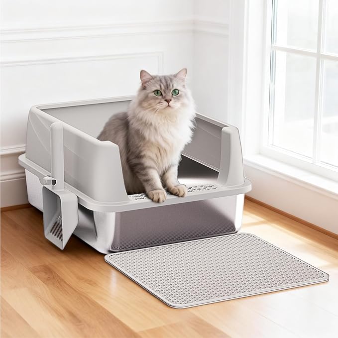 Henkelion Stainless Steel Cat Litter Box with Lid, Extra Large Litter Box for Big Cats with High Sided, Non-Sticky, Anti-Urine Leakage, Easy Cleaning, Include Cat Mat and Scoop with Holder (S)