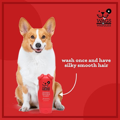 Wags & Wiggles Double Trouble 2-in-1 Dog Shampoo and Conditioner, Fruity Watermelon Scent - Cleansing and Conditioning Formula with Jojoba Oil and Wheat Protein, 16 Fl Oz