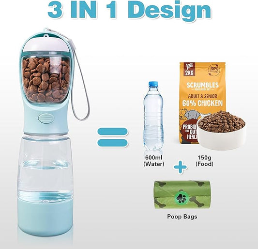 Dog Water Bottle with Food Storage & Poop Bag Dispenser - 3-in-1 Portable Pet Water Bowl for Hiking, Walking, and Travel - Ideal for Small to Large Dogs Blue