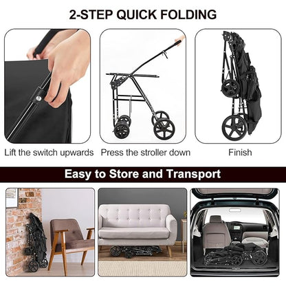 Double Pet Stroller for Dogs and Cats with 2 Detachable Carrier, Quick-Folding Dog Stroller for Medium Small Dogs Cats, 4 Wheels, Black