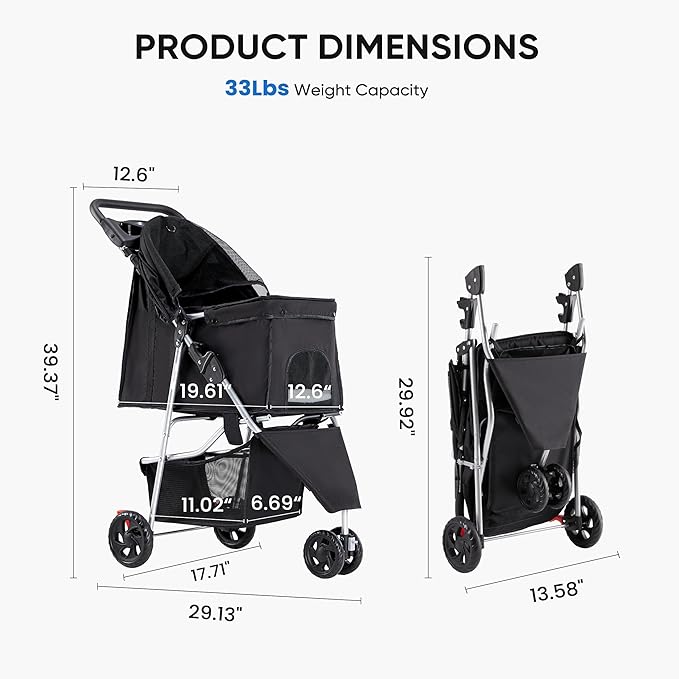 3 Wheel Pet Stroller for Dogs and Cats, Foldable, Lightweight and Durable, Ideal for Small to Medium Pets, Includes Storage Basket and Cup Holders