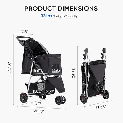 3 Wheel Pet Stroller for Dogs and Cats, Foldable, Lightweight and Durable, Ideal for Small to Medium Pets, Includes Storage Basket and Cup Holders