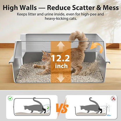 FURTIME XXXL Extra Large Stainless Steel Litter Box with Lid, Large Cat Litter Box for Big Cat, Large Metal Cat Box with High Sided, Non-Stick, Easy Cleaning, Includes Scoop and Mat