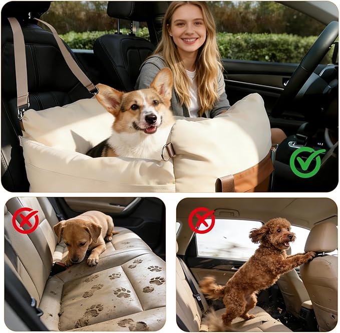 Dog Car Seats for Small Dogs, Waterproof Puppy Car Seat with Side Handles and Large Pockets, Clip-On Safety Leash and PP Cotton Filling, Pet Booster Seat for Small Dog up to 25lbs (Apricot)
