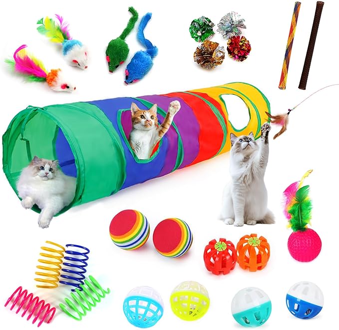 25 Pcs Cat Toys for Cats, Indoor Kittens - Interactive Variety Pack, 45 inches Rainbow Cat Tunnel, Feather Teaser, Feather Golf, Mice, Springs, Balls, Noise Toys - Rainbow/Colorful 45"