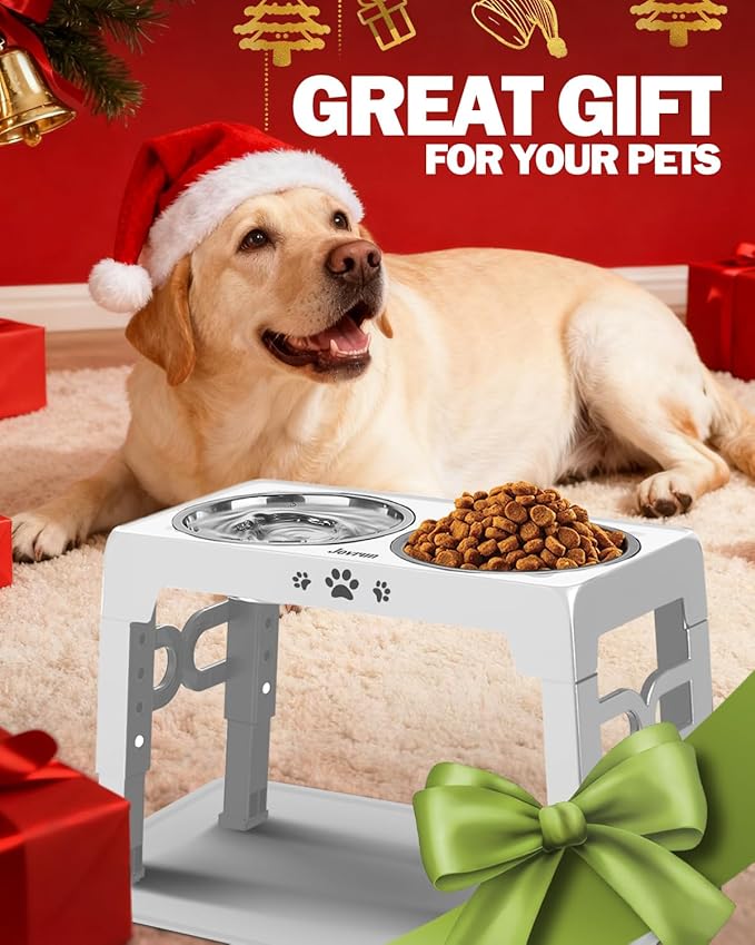 Elevated Dog Bowls for Medium Size Dogs with Mat, Non-Slip Dog Feeder with 1*Stainless Steel Dishes & 1*Slow Feeder Bowl, 5 Heights Adjustable Raised Bowls for 3.15″-8.66″-9.84″-11.02″-12.2″