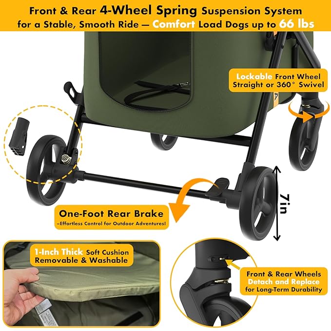 PAWZIDEA Large Dog Stroller up to 80 lbs, No-Zip 180° Reversible Canopy Lockable, Lightweight Pet Stroller for 2 Medium Dogs, One-Hand Foldable, Low-Entry, All-Terrain Jogger Wheels, Storage Organizer