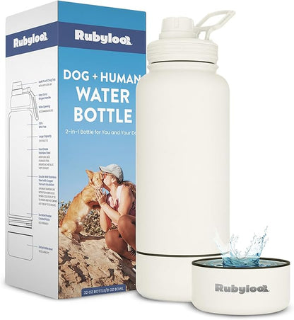 Dog Water Bottle for Dog Lovers - 32 oz Stainless Steel Double Wall Insulated Water Bottle with 8 oz Detachable Bowl on Bottom for Doggy Lovers for Hiking, Walks, Travel - Cream