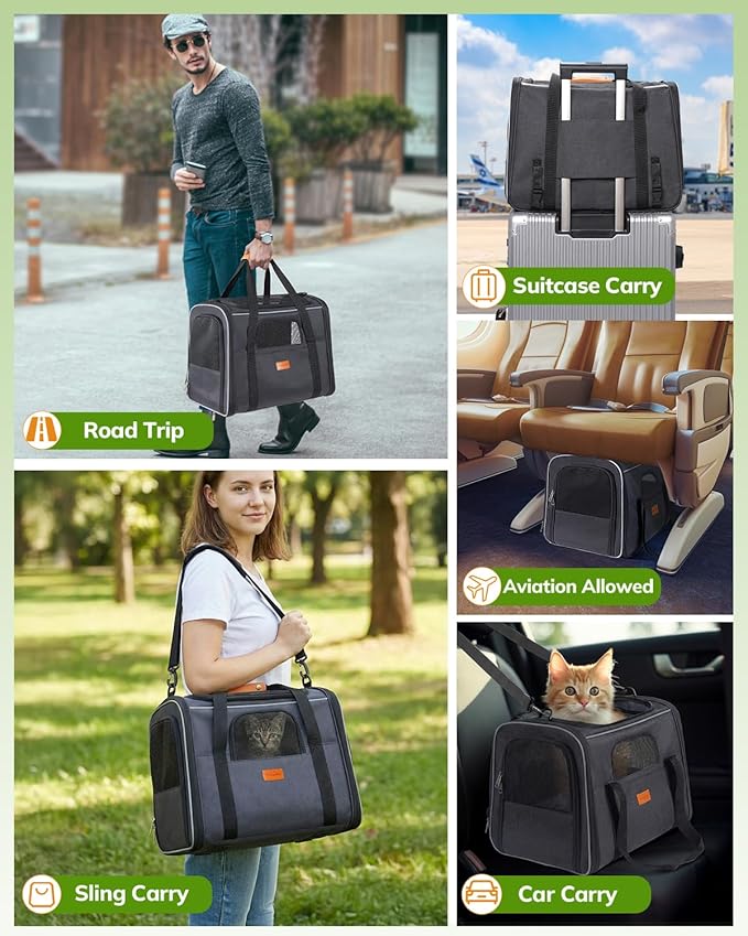 Morpilot Cat Carrier - Cat Carrier Soft for Small or Medium Cats up to 20lbs, with Sided Cushion, Secure Buckle and Foldable Bowl, Dog Carriers for Small Dogs (Dark Gray)