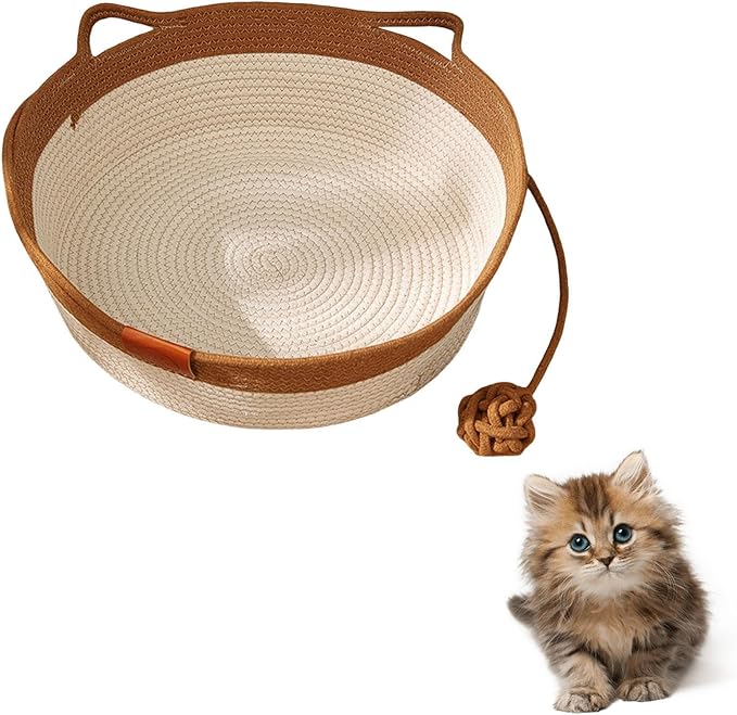Handwoven Cat Basket with Toy Rope Ball, Foldable Scratchable Cat Hammock Bed, Breathable Cat Basket for Indoor Play Rest Sleeping (Brown)
