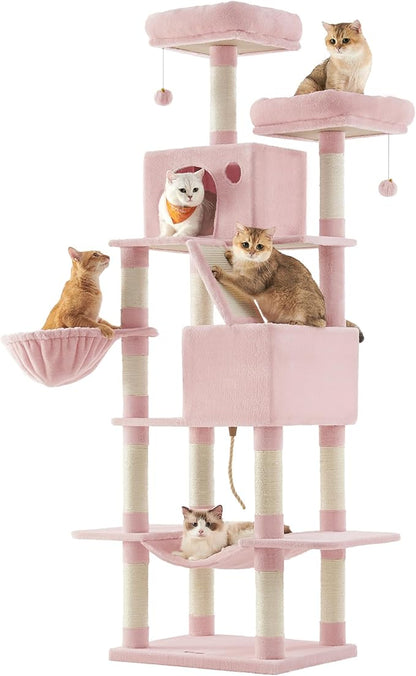 Feandrea Cat Tree, 81.1-Inch Large Cat Tower, Multi-Level Plush Condo with 13 Scratching Posts, 2 Perches, 2 Caves, Basket, Hammock, Pompoms, Jelly Pink UPCT190P01