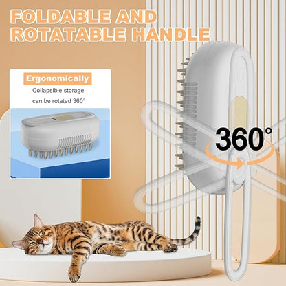 4-in-1 Rechargeable Cat & Dog Steam Brush for Shedding, Self-Cleaning Pet Groomer with Rotating Handle for Massaging & Hair Removal, for Long/Short Haired Pets (Beige)