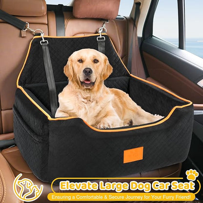XIEEAOZEE Dog Car Seat for Large/Medium Dog, Booster Seat for Dogs Under 55Lbs or 2 Small, Detachable and Washable Travel Pet Seat with Thick Cushion and Storage Pockets (Black)