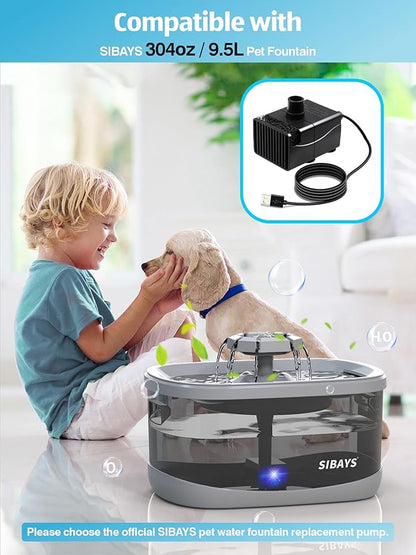 SIBAYS Cat Water Fountain Pump, Pet Water Fountain Replacement Pump for 9.5L/2.5Gal Large Dog Water Fountains(FS68), Mini Submersible Pump(Model: P03)