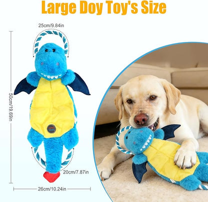 Interactive Squeaky Dog Chew Toy, Tough Plush Dog Toys for Chewers, Small, Medium & Large Dogs, Plush with Double Rope Handles for Tug of War, Mess-Free, Blue