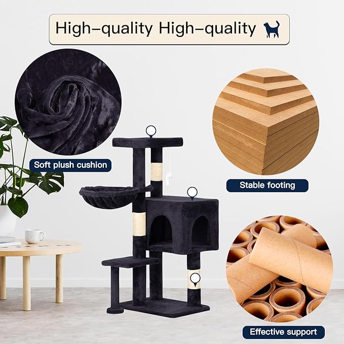 BestPet | 37" Cat Tree Tower | Dark Gray | Sturdy Multi-Level Cat Tree with Plush Condo, Cozy Perch, Sisal Scratching Posts, Hanging Toy and Hammock | Easy Assembly | for Kittens & Adult Cats