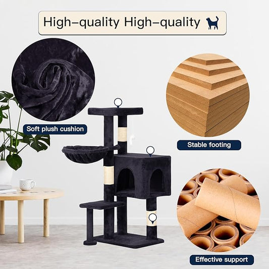 BestPet | 37" Cat Tree Tower | Dark Gray | Sturdy Multi-Level Cat Tree with Plush Condo, Cozy Perch, Sisal Scratching Posts, Hanging Toy and Hammock | Easy Assembly | for Kittens & Adult Cats