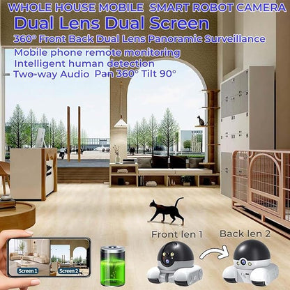 Movable 2MP+2MP Dual Lens Dual Screen Pet Robot 2.4 GHz WiFi Smart Home Security Camera P 360°/T 90° Rotation Monitoring Phone App 2 Way Audio Motion Detection Alerts Night Vision Cat Dog Camera