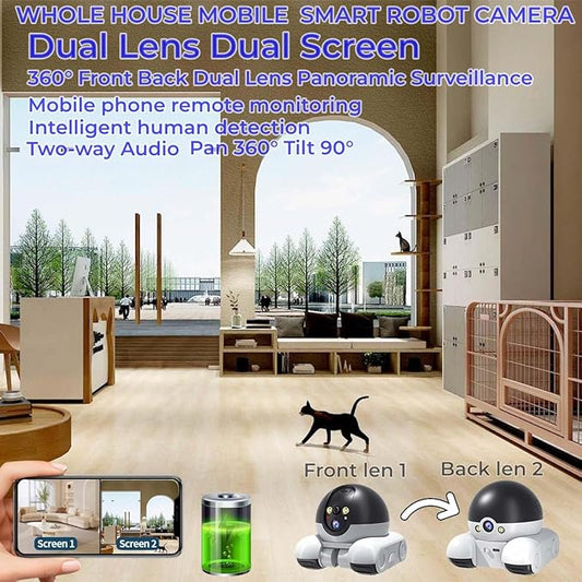Movable 2MP+2MP Dual Lens Dual Screen Pet Robot 2.4 GHz WiFi Smart Home Security Camera P 360°/T 90° Rotation Monitoring Phone App 2 Way Audio Motion Detection Alerts Night Vision Cat Dog Camera