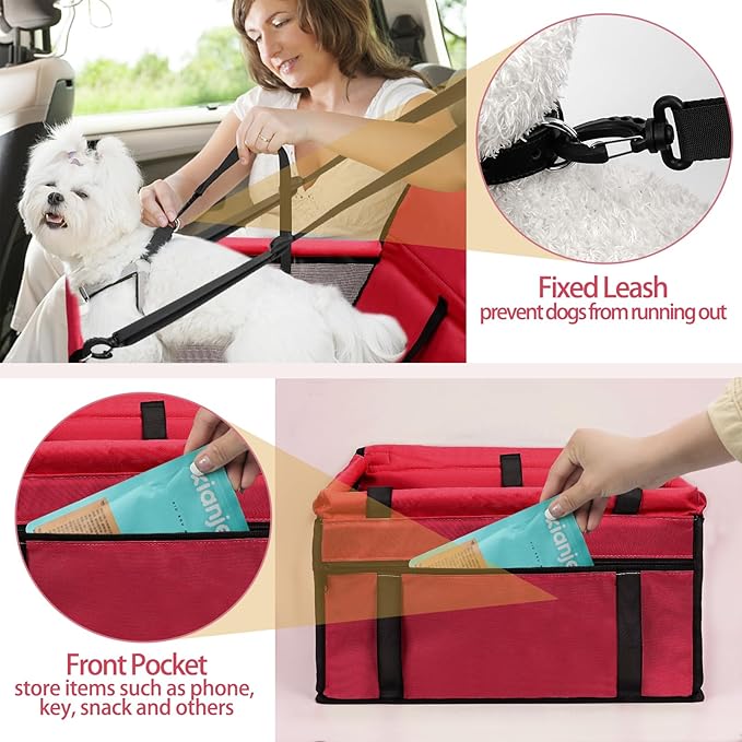 PetsHome Dog Car Seat Foldable Dog Car Booster Seat Waterproof Breathable Oxford Travel Bag for Small to Medium Dogs, Puppies, and Pets-Pure Red