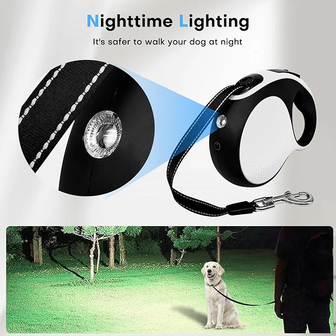 Retractable dog leash with chew-proof cord and LED flashlight, 16-ft heavy-duty dog leash, suitable for Small/medium dogs weighing up to 110 pounds, reflective rope, 360° anti-tangling(White+16ft+LED)
