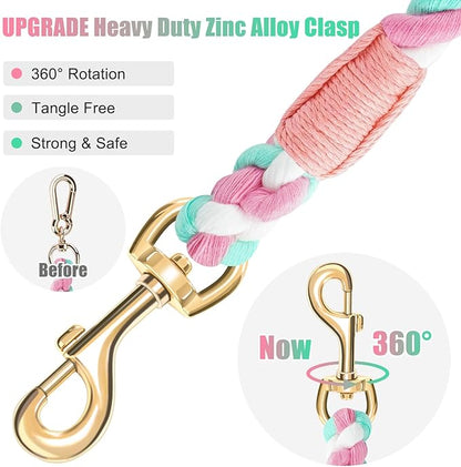 Dog Leash 5 FT Handmade Braided Cotton Rope Leashes for Small Medium and Large Dogs, New Golden Heavy Duty Metal Clasp, Cherry Blossom Pink
