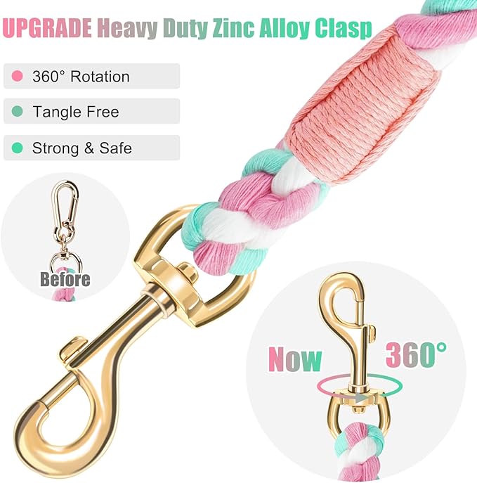 Dog Leash 6 FT Handmade Braided Cotton Rope Leashes for Small Medium and Large Dogs, New Golden Heavy Duty Metal Clasp, Cherry Blossom Pink