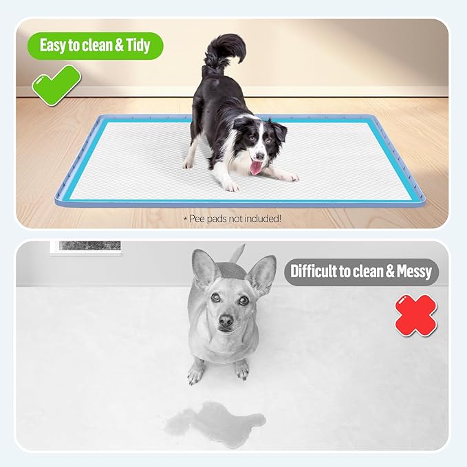 Pee Pad Holder for Dogs, 34" x 22" Silicone Pee Tray Mat Leak-Proof, High Edge, No Spill Pet Pad Holder for Puppy, Cat, Rabbit, Training Pads for Floor Protection, No Pee Pads (Blue)