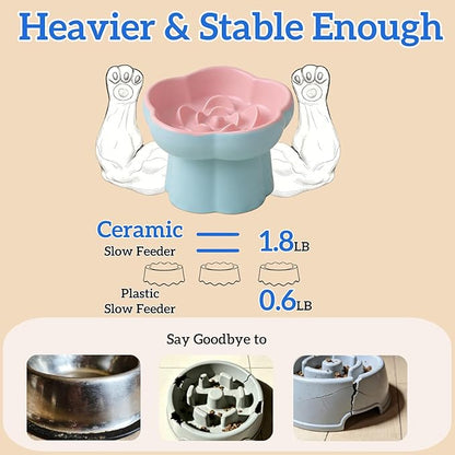 Ceramic Elevated Slow Feeder Cat Bowl,Anti Vomit Design for Whisker Fatigue Relief,Elevated Slow Feeder Bowls for Indoor Cats&Small Breeds,Perfect for Wet Food&Small Dogs (2, Green and Blue)
