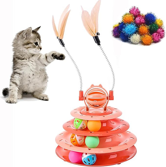 Vealind Cat Toy Roller 4-Level Turntable Cat Toys Balls with 14 Pcs Colorful Pom Pom Balls Interactive Fun Mental Physical Exercise Puzzle Kitten Toys (Orange)