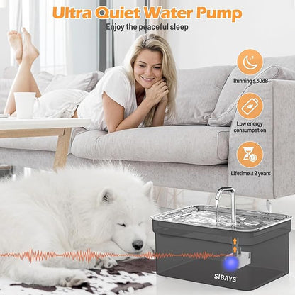 SIBAYS Dog Water Fountain for Large Dogs, 355oz/2.8Gal/10.5L Automatic Dog and Cat Water Fountain, Large Pet Fountain with Stainless Steel Bowl, Dog Water Bowl Dispenser Easy to Clean, BPA-Free FS70
