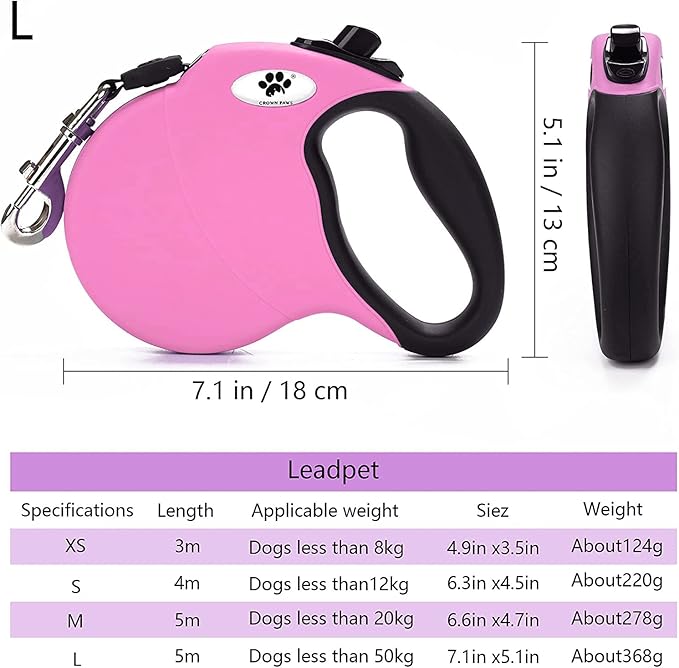 16 ft Retractable Dog Leash for Large Dogs up to 110 lbs,Tangle-Free Nylon Tape,Pink L