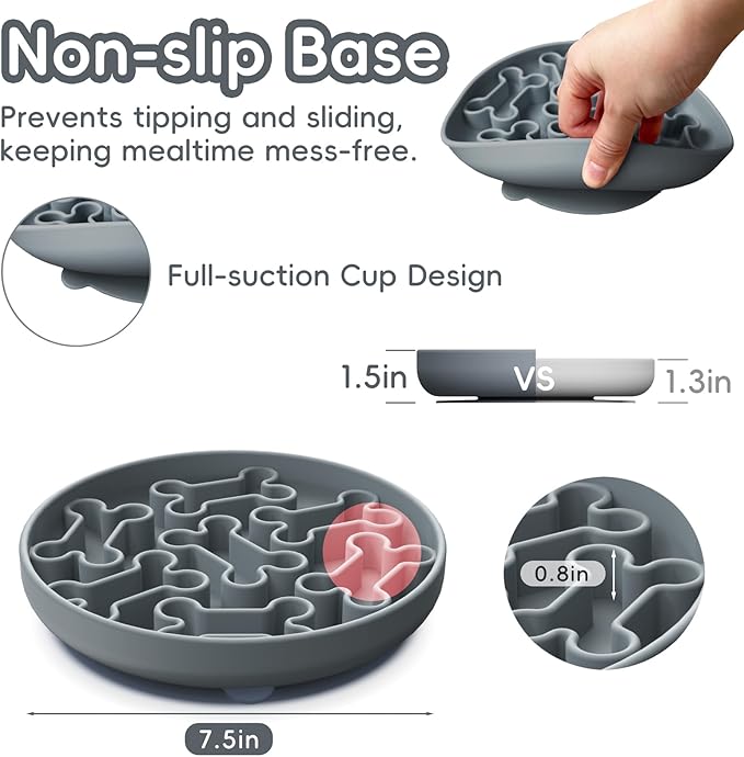 Silicone Slow Feeder Dog Bowl – Gray Bone Pattern | Food-Grade Non-Slip Dog Dish for Anti-Bloat, Fast Eating Prevention, 7.5” x 1.5”, Dishwasher Safe
