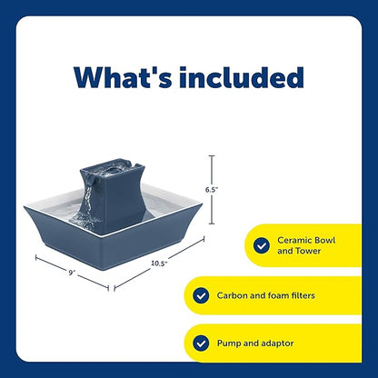 PetSafe Drinkwell Pagoda Fountain - Hygienic Ceramic Continuous Flowing Fountain - Elevated Upper Bowl & Double Free-Falling Stream Design - Minimalist Pet Hydration Station - 70 oz Capacity