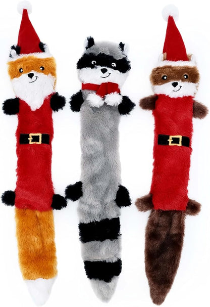 ZippyPaws Skinny Peltz - No Stuffing Dog Toys to Keep Them Busy, for Medium and Large Dogs, Squeaky Unstuffed Chew Toys for Pets, Soft Plush Variety Pack, Fox, Raccoon, & Squirrel - Holiday 3-Pack