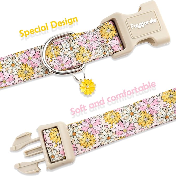 Faygarsle Floral Girl Dog Collar, Cotton Fabric with Daisies Pattern, Pink and Yellow Summer Spring Design for Small Medium Large Dogs S