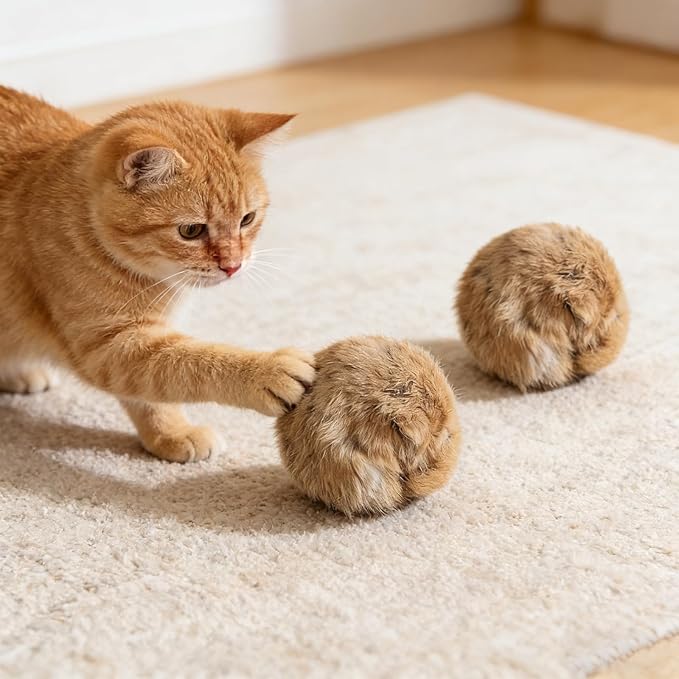3PCS Fur Ball Cat Toy, Catnip Infused & Washable - Soft Fluffy Interactive Toy for Bunny Kicks, Chase Games, and Indoor Cat Exercise