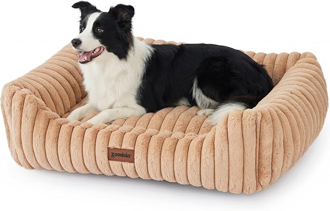 Dog Bed Medium Size Dog - Large Rectangle Orthopedic Pet Bed with Fluffy Washable Cover and Anti-Slip Bottom, 30x24x9inches, Camel