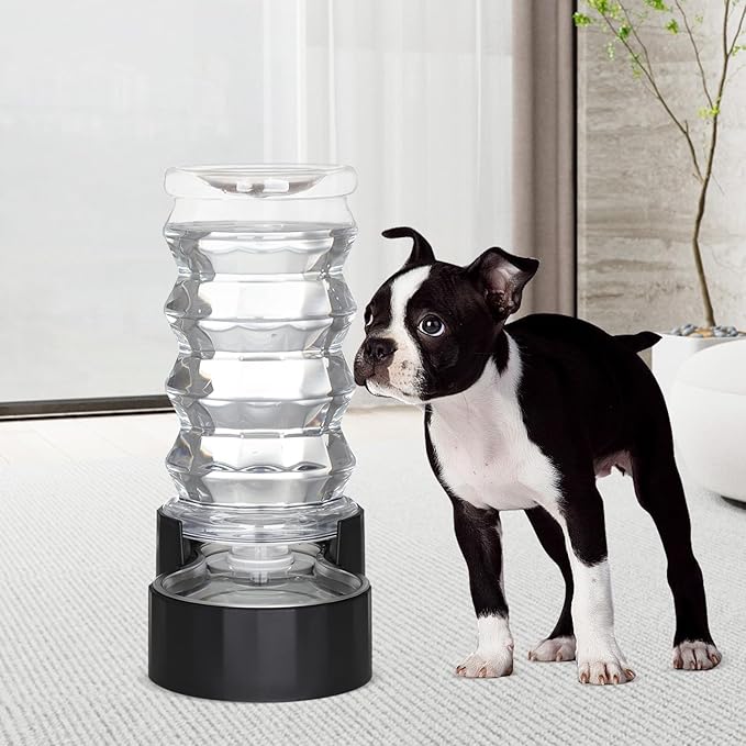 RIZZARI Dog Water Bowl Dispenser :Ion Exchange System with Activated Carbon- Helps Prevent Urinary Stones - Removes Odors -Softens Water- 8L Gravity Black Stainless Steel Automatic Waterer