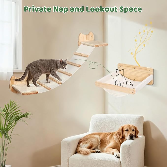 Cat Wall Shelves and Hammock Set, Cat Bridge Wall-Mounted with Climbing Steps and Sisal Roped Scratch Perch, Multi-Level Cats Walls Furniture Bed for Indoor Cats