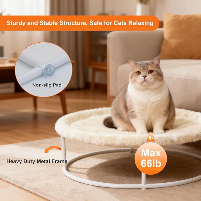 Elevated Cat Hammock Bed - 66LBS Weight Capacity Cat Bed for Large Indoor Cats & Small Dogs, All-Season Plush & Breathable Mesh Mat, Raised Pet Supplies with Sturdy Metal Frame, Cream White